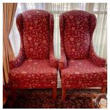 Pair of tall burgundy floral wingback chairs