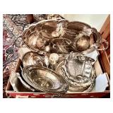 Large flat of silverplate with huge platter,