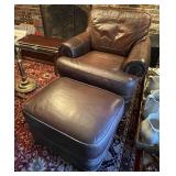 Brown leather chair and ottoman w/bun feet