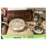 3 pieces of pewter, raisins box end, metal vase