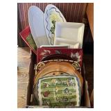 Large group of serving platters and trays