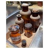 Box of 6 amber glass apothecary jars