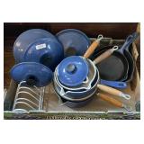 Blue Le Creuset enamel cast iron pots & pans