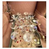 Art glass margarita glasses, pitcher, stirrer
