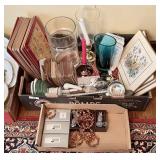 Flat with placemats, art glass vase, coasters,