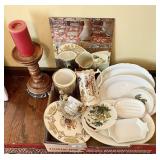 Flat with ironstone dishes, beveled mirror,