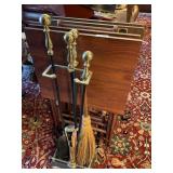 Set of wood TV trays, brass fireplace tools