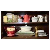 2 shelves with assorted glass, ironstone,