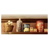 Vintage tins, apothecary bottle, egg basket