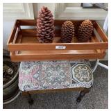 Tapestry upholstered footstool, wooden tray