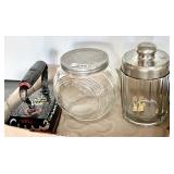 2 antique lidded jars, sad iron