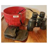 Leather basket with 2 pair binoculars