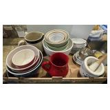 Large flat of bowls, pitcher, mortar & pestle