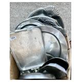Box of assorted pewter trays and bowls