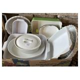 Box of whiteware & enamel cast iron serving