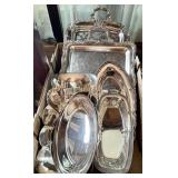 Box of heavy silverplate trays and bowls