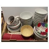 Flat of ironstone bowls, fridge magnets, etc.