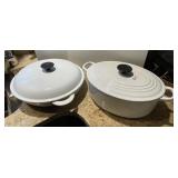 2 white enamel Le Creuset cast iron pots w/lids