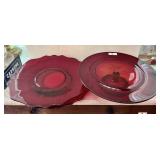 Ruby red cake plate, 2 ruby red platters