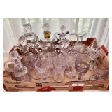 Antique manganese glass wine glasses & cruets