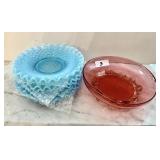 Cranberry glass bowl, 5 ruffle hobnail plates