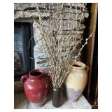 2 pottery floor vases, stoneware vase on hearth