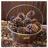 Heavy brass pot with pine cones 13" diameter
