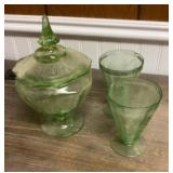 Green Depression glass glasses and candy dish