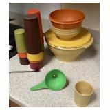 Tupperware bowls, glasses, funnel