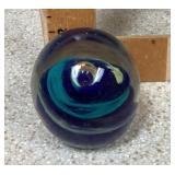 Blue art glass sphere paperweight