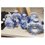 5 blue and white ornamental teapots