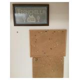 Framed crochet and 2 bulletin boards