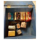 Wooden box with vintage ammo and magazines