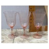 3 Pink Depression glass stemware