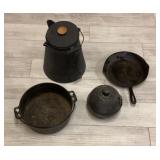 Cast-iron pans, pots, metal coffee pot