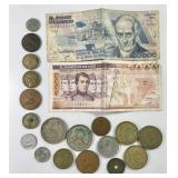 Group of foreign coins and currency