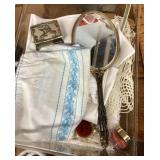 Ladies vanity items, doily, and hankies