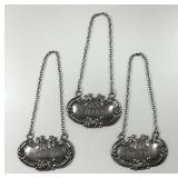 3 sterling silver liquor decanter tags