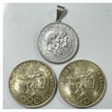 Two 1968 Olympic coins (.925) & .800 Danish coin