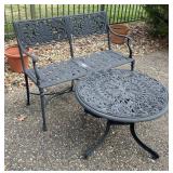 Cast aluminum patio settee & side table