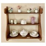 Wooden wall shelf and contents 23.5" x 24"
