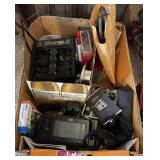 Box of electronics, photo printer, headphones,