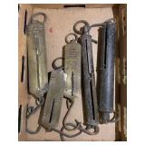 Flat of 5 antique brass hanging scales