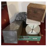 Flat with kitchen scale, pewter plate,