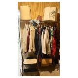 Hanging clothes rack and contents, step stool