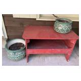 Red bench and 2 planter pots