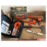 Large flat w/pipe wrenches, C-clamps, hatchet
