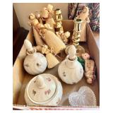 Flat with cornhusk dolls, 2 brass candleholders,