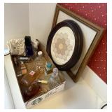 Flat of perfumes, Gucci dust bag, 2 wall art