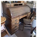 Pine rolltop desk with antique chair